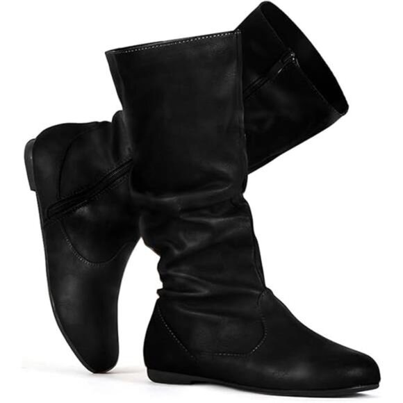 Women's Slouchy Mid Calf Boots Zip up Flat Boots - Picture 7 of 7